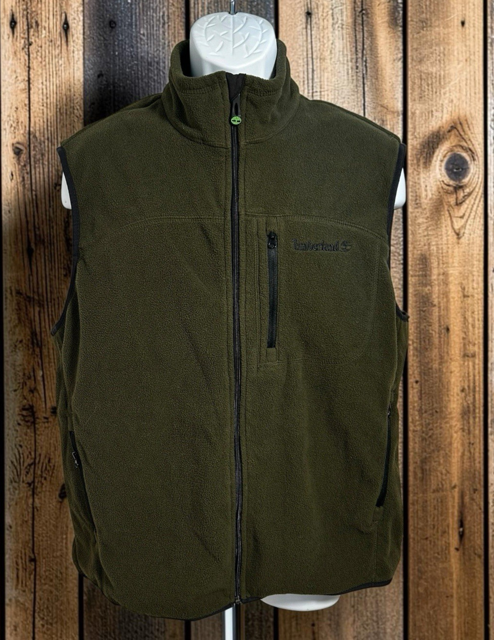 Timberland Vest Mens Large Dark Green Fleece Full Zip Logo Pockets Hiking